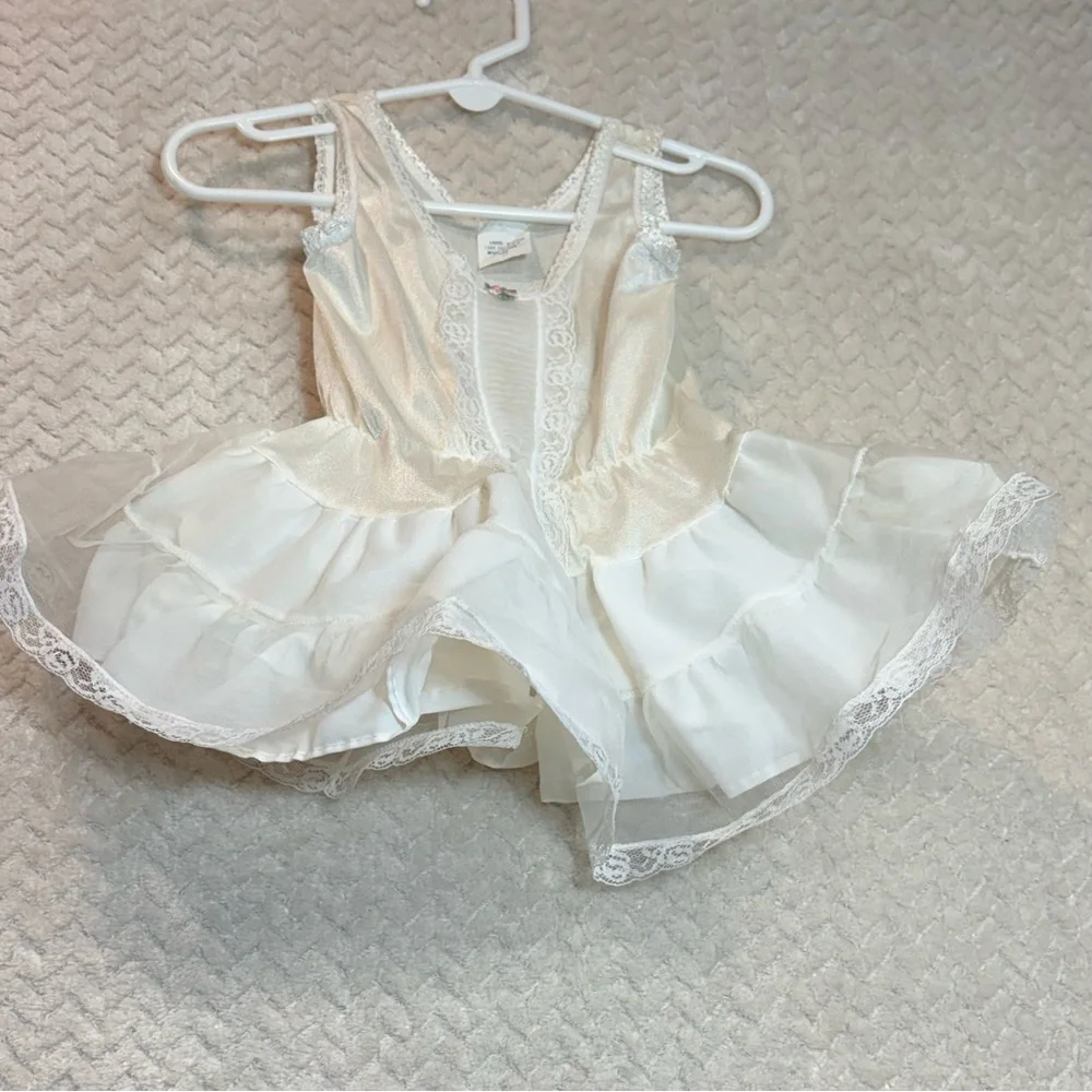 Vintage 70s Toddler‎ Size 1 Ivory Lace Coquette Dollette Rosette Slip Dress